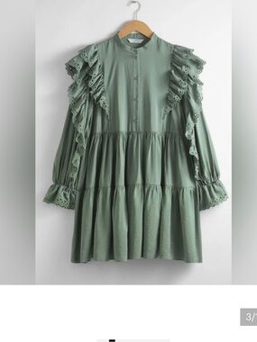 & Other Stories Sage Green Ruffle-Tiered Long Sleeve Mini Dress
